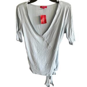 GUESS pastel blue ribbed tie back babydoll Y2K stretchy fitted blouse sz XL